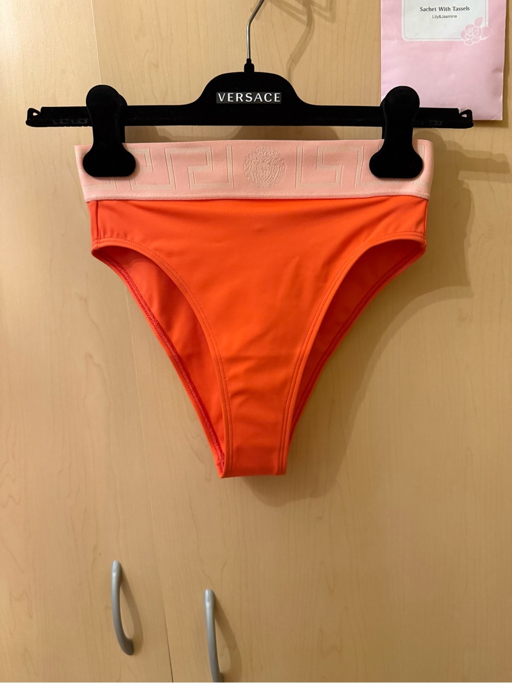 Versace Orange Bikini Bottom with Pink Waistband and Embossed Logo